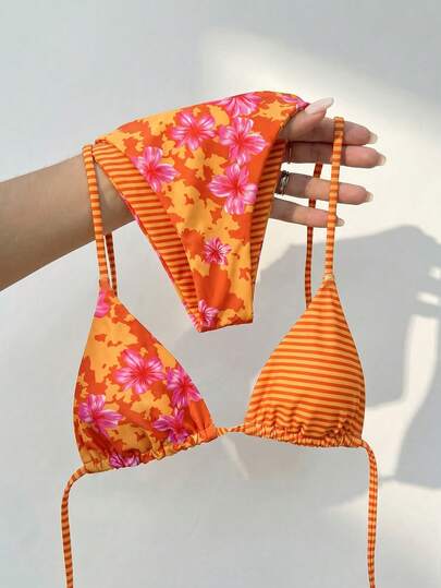 Swim Mod Summer Vacation Sexy Ditsy Floral Reversible Halter Neck Backless Triangle Cup Bikini Set