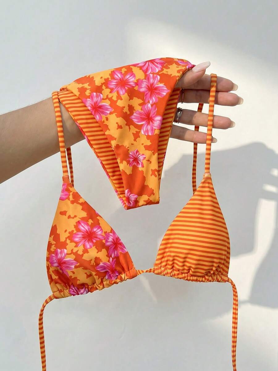 SHEIN Swim Mod 夏季度假性感碎花双面露背吊带三角罩杯比基尼套装 - 彩色 - 查看 1