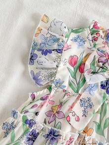 SHEIN Vintaside Kids Đầm dự tiệc họa tiết hoa, nơ trang trí, thời trang cho bé gái, thích hợp cho mùa xuân, hè, thu, ở nhà, đi nghỉ mát, lễ hội, dự tiệc và mặc hàng ngày. - Màu vàng - Xem 8
