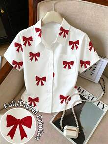 Resyla Cropped Bow Print Shirt Collar Drop Shoulder Short Sleeve Top - White - View 1