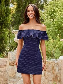Vivid Eden Women's Casual Romantic Vacation Polka Dot Print Off Shoulder Dress, Spring/Summer,Dresses For Women Summer - Navy Blue - View 14