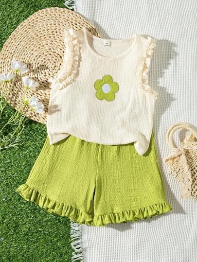 Girls' Cute Floral Embroidery Ruffle Hem Vest And Green Shorts 2 Pieces Set, Vibrant And Youthful, Textured Fabric Suitable For Daily Outings Or Beach Wear
