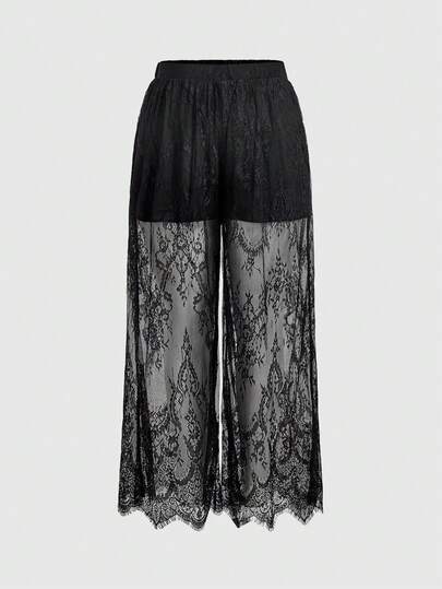 SHEIN MOD Plus Size Women's Black Lace Pants, Casual Daily Wear Wide Leg Trousers, Summer