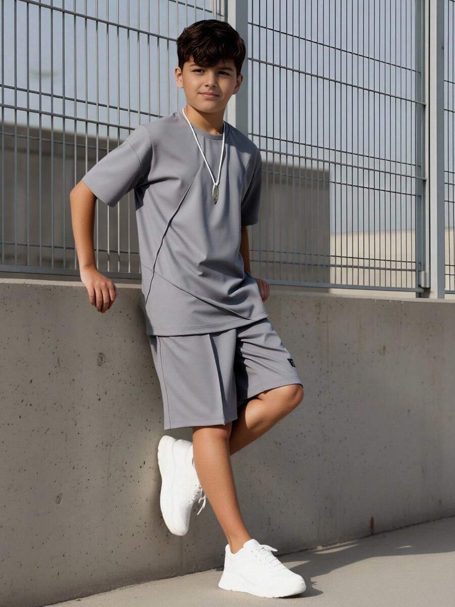 SHEIN 青少年男孩休闲酷炫舒适长袖连帽衫和裤子套装 - 灰色 - 查看 1