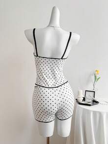 SHEIN PETITE Ensemble 2 pièces pour femmes composé d'un débardeur romantique en dentelle à pois blancs pour le printemps/été et d'un short confortable avec garniture en dentelle - Blanc - Voir 2