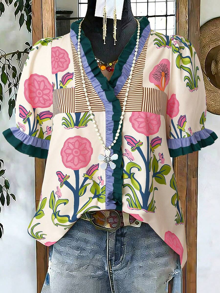 Linhara Plus Size V-Neck Puff Sleeve Colorblock Printed Bohemian Style Vacation Shirt Gym Brown Summer - Multicolor - View 1