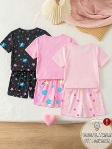 3pcs/Set Random Young Girls Cartoon Unicorn Print Tight Fit Short Sleeve Shorts Pajama Sets, Glow-In-The-Dark Under UV Light, Spring/Summer - Multicolor - View 2