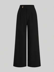 SHEIN PETITE CURVE 大尺碼女款純色高腰百褶寬腿褲 優雅商務休閒正式款 秋季寬鬆大廓形褲 夏季健身適用 - 黑色 - 查看 3