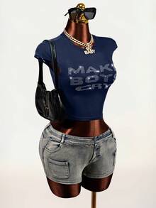 Mistrie Rhinestone Decor Round Neck Fitted Summer Fashionable Short Sleeve T-Shirt - Navy Blue - View 4