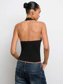 Maija Summer Women's Black Polka Dot Studded Top,70's Party Disco Backless Halter V-Neck Cami,Modern Metal Disc Decor Sleeveless Fitted Party Night Wear - White - View 6