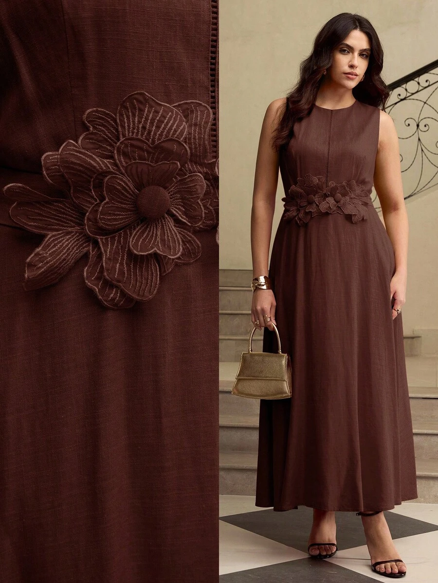 ZEYLAH Spring/Summer Sleeveless Round Neck Linen Dress With 3D Floral Decor - Coffee Brown - View 1