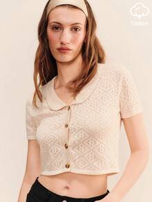 lacRébo Beige Crochet Knit Short Sleeve Button Front Top With Oversized French Sexy Beaded Cute Collar Boho Vintage Autumn Holiday Cotton Golf Brunch - Apricot - View 5