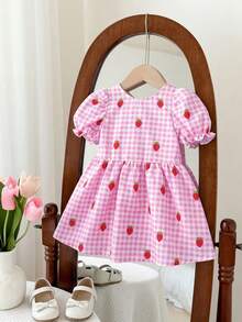 Vestido Casual de Gola Redonda com Laço Decorativo Floral Miúdo em Chiffon, Fofo, Primavera/Verão/Outono - Rosa chiclete - Visão 3