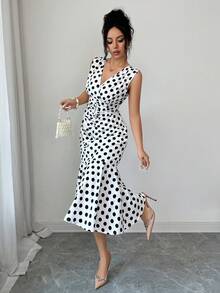 Elenzga Đầm đuôi cá in họa tiết chấm bi thanh lịch dành cho nữ, thích hợp cho mùa hè. - trắng - Xem 6