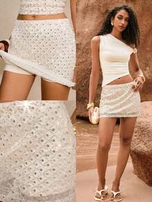 Poéselle Chân váy màu mơ đính sequin, thích hợp cho các bữa tiệc và dịp đặc biệt. - Màu be - Xem 4