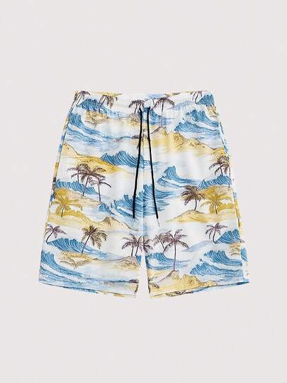 Open Phase 2026 Nuevos shorts de playa de verano con estilo de pintura al óleo con ola y estampado de palmera para hombres, sueltos, de secado rápido, transpirables y con cordón para vacaciones tipo bermuda