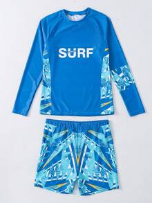 2pcs/Set Teen Boy Casual Printed Long Sleeve Rash Guard And Swim Trunks, Summer Vacation Swimwear - Multicolor - View 5