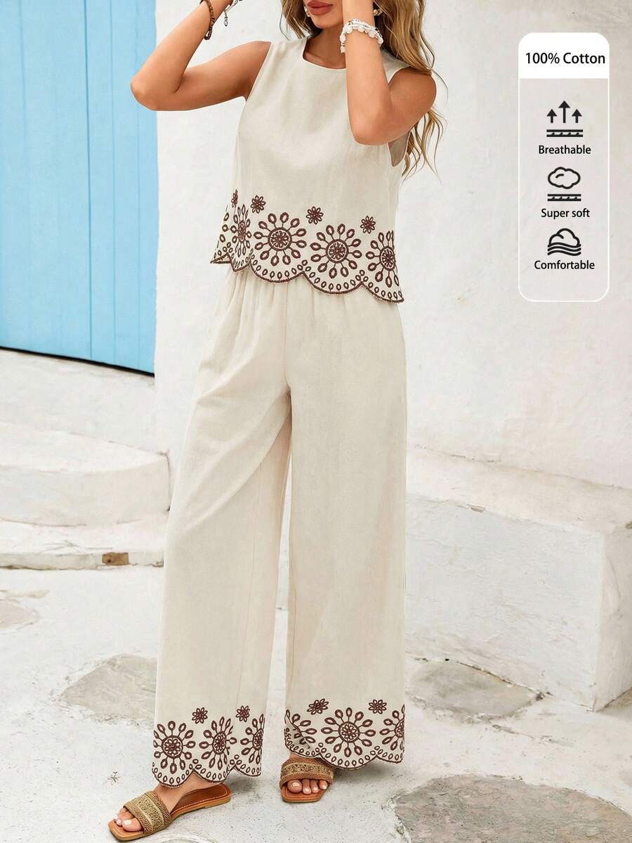 Vivid Eden Bộ đồ nữ gồm áo hai dây và quần ống rộng thêu hoa, kiểu dáng thường ngày. - trắng - Xem 1
