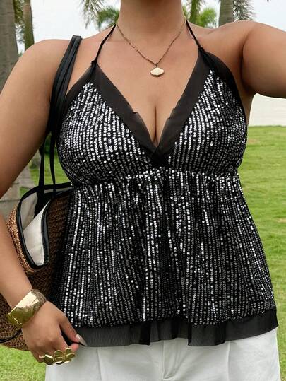 Dazy Plus Sparkling Rhinestone Decor Backless Sexy Crop Top, Blogger Street Style, Suitable For Dates, Parties, Plus Size Women Spring/Summer