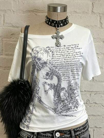 INAWLY Camiseta asimétrica de mujer con estampado de esqueleto abrazando letras en estilo gótico retro Y2K, camiseta de manga corta suelta de estilo casual punk rock salvaje y de moda