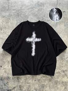 ROMWE MEN Street Life Men's 3D Cross Graphic Printed T-Shirt - Casual Street Style Short Sleeve Round Neck Tee, Summer Fashion Streetwear - Black - View 3