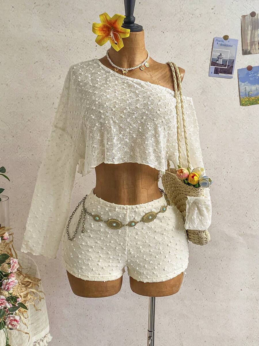 SHEIN WYWH Bộ 2 món áo croptop tay dài lệch vai và quần short dành cho nữ. - Màu be - Xem 1