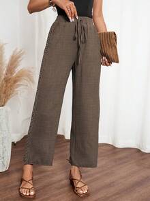 Louniche Women's Denim EffectLinen Floral Trim Side Pants - Coffee Brown - View 3