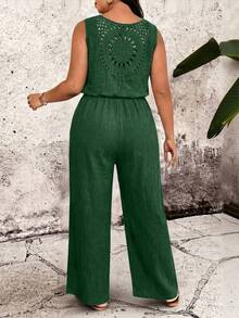 Breezaya Plus Size Solid Color Round Neck Backless Lace Sleeveless Elastic Waist Jumpsuit With Buttons - Green - View 2