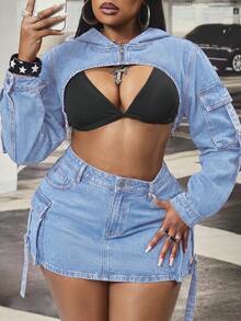 Slaydiva Plus Size Women's Cargo Pocket Sexy Vintage Washed Distressed Long Sleeve Denim Jacket - Light Wash - View 7