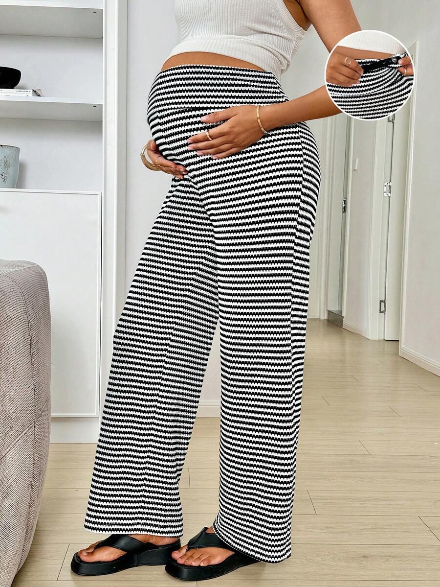 Modmama Quần bầu dáng rộng kẻ sọc, cạp chun điều chỉnh được - Đen và trắng - Xem 1