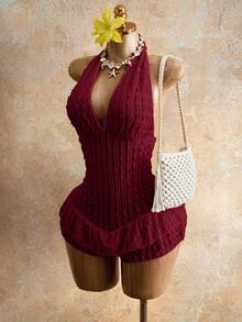 Mistrie Women's Solid Color Textured Patchwork Ruffle Trim Halter Romper - Red - View 5
