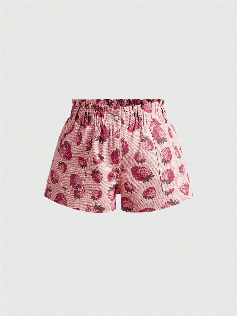 Sweetness Plus Size Sweet Strawberry Print Casual Kawaii Loose Elastic Waist Denim Shorts, Spring/Summer Beach Vacation Dusty Pink - Pink - View 1