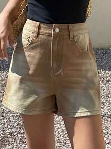 Quần short denim nữ kiểu dáng thường ngày, màu ombre, thích hợp cho mùa hè. - màu nâu - Xem 3