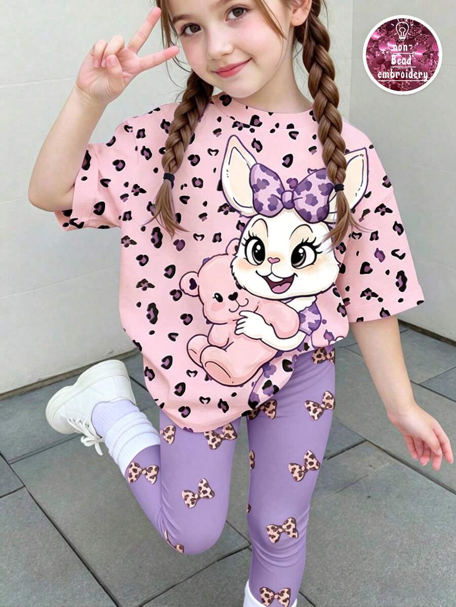 2pcs/Set Young Girls Cute Vintage Rabbit & Leopard Bow Print Top,Tight Shorts,Light Pink,Summer Casual Outfits,Korean Style,Y2K,Kawaii,Cottagecore Set - Multicolor - View 1
