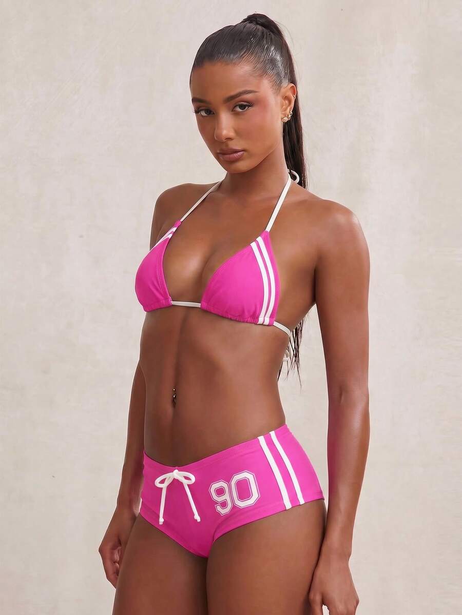 NYA SZN 女士泳装两件套比基尼短款性感运动条纹沙滩度假红色泳装套装 - 玫紅色 - 查看 1