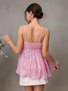 Momance Áo hai dây xếp ly dáng chữ A đính sequin dành cho bà bầu, có thiết kế cúp ngực cho con bú. - Hồng - Xem 2