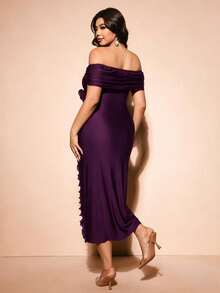 Cravure Plus Size Women's New Elegant Party Burgundy Romantic 3D Rose Off-Shoulder Ruffle Hem Slit Waist Formal Dress - Purple - View 2