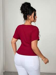 Elenzga Plus Size Women's Elegant Casual Asymmetric Neck 3D Floral Decor Stretchy Fitted Short Sleeve Top, Commuting Blouse, Glamorous Party Top, Daily Wear, Spring/Summer - Burgundy - View 2