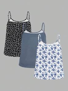 SHEIN EZwear Bộ 3 áo hai dây cỡ lớn, kiểu dáng tối giản, in họa tiết hoa, thích hợp mặc thường ngày. - Nhiều màu - Xem 2