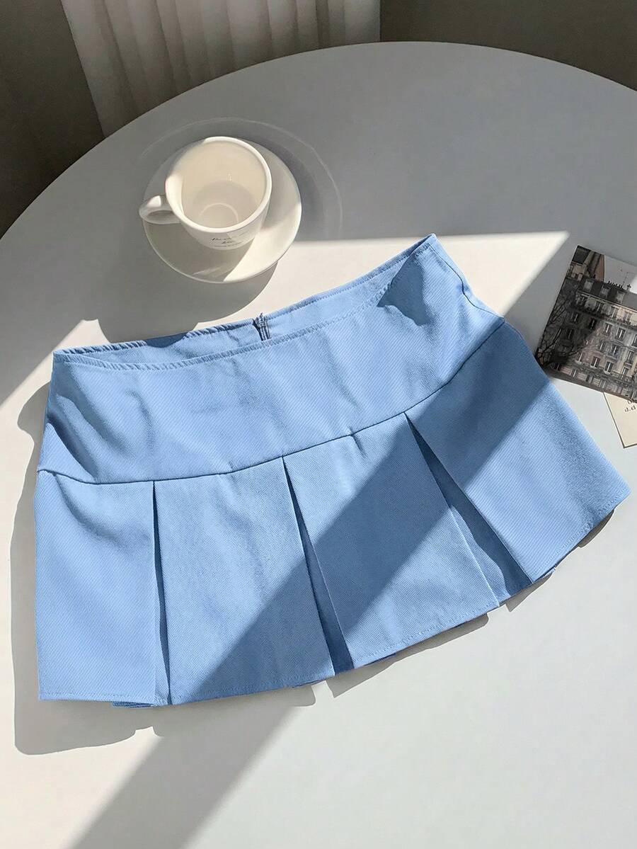 SHEIN EZwear Summer Wide Waistband Fold Pleated Detail Skirt - Blue - View 1
