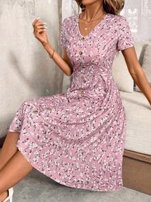 SHEIN Clasi V领收腰前扣A字复古碎花连衣裙 - 粉色 - 查看 3