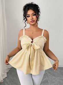GlowEve CURVE Plus Size Slimming Flared Striped Casual Camisole For Women, Spring/Summer - Khaki - View 6