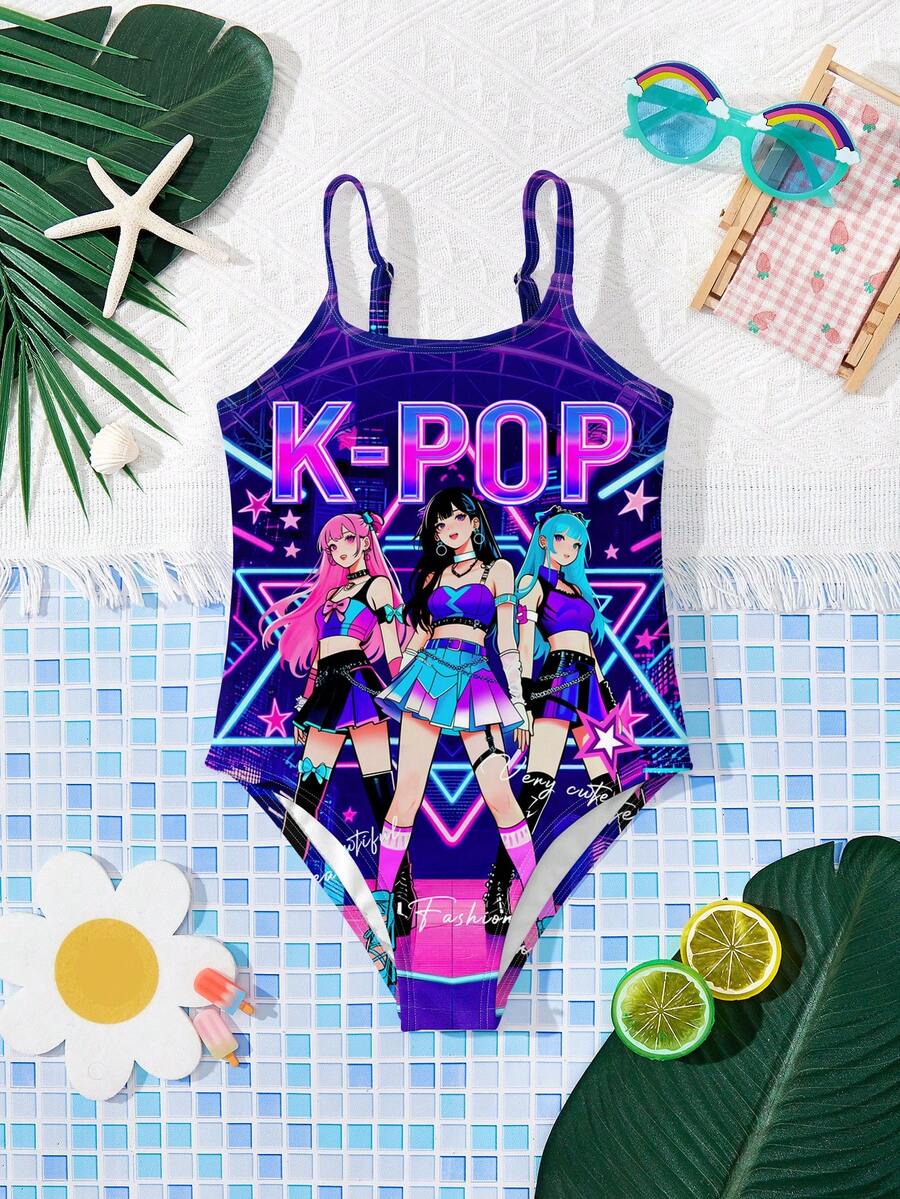 年轻女孩休闲简约春夏卡通女孩泳衣,酷炫渐变色,K-Pop巨星,卡通女团,印花图案,连体泳衣,适合夏季,图案印花,卡通,复古,撞色,Y2K,可爱,派对,度假,萌系 - 彩色 - 查看 1