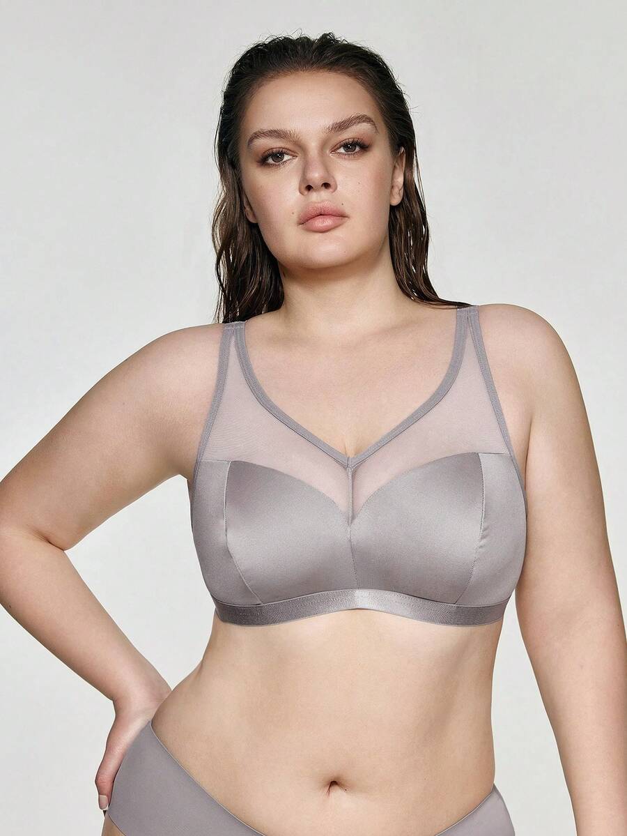 SHEIN Bra Tanpa Kawat Kasual untuk Wanita Ukuran Plus dengan Motif Jala dan Patchwork untuk Penggunaan Sehari-hari - Grey - View 1