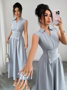 Selianne Vestido largo de mujer con cuello, cintura ceñida, unicolor, tela texturizada, corte A, adecuado para ir al trabajo, salidas, mujeres de talla pequeña, primavera/verano - Gris azul - Ver 1