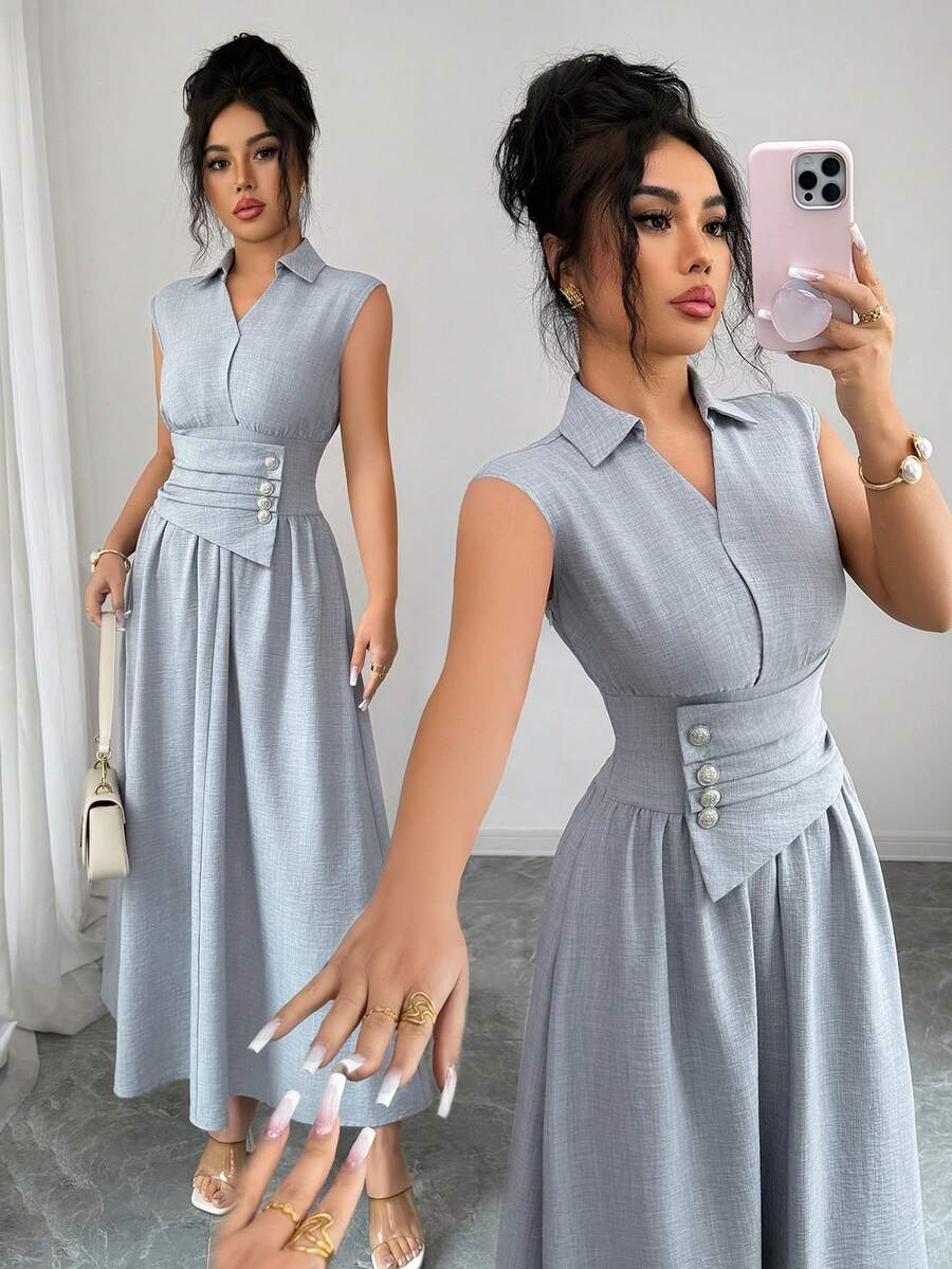 Selianne Vestido largo de mujer con cuello, cintura ceñida, unicolor, tela texturizada, corte A, adecuado para ir al trabajo, salidas, mujeres de talla pequeña, primavera/verano - Gris azul - Ver 1