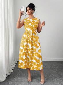 Elenzga Plus Size Elegant Round Neck Ditsy Floral Sleeveless Flared Dress - Yellow - View 5