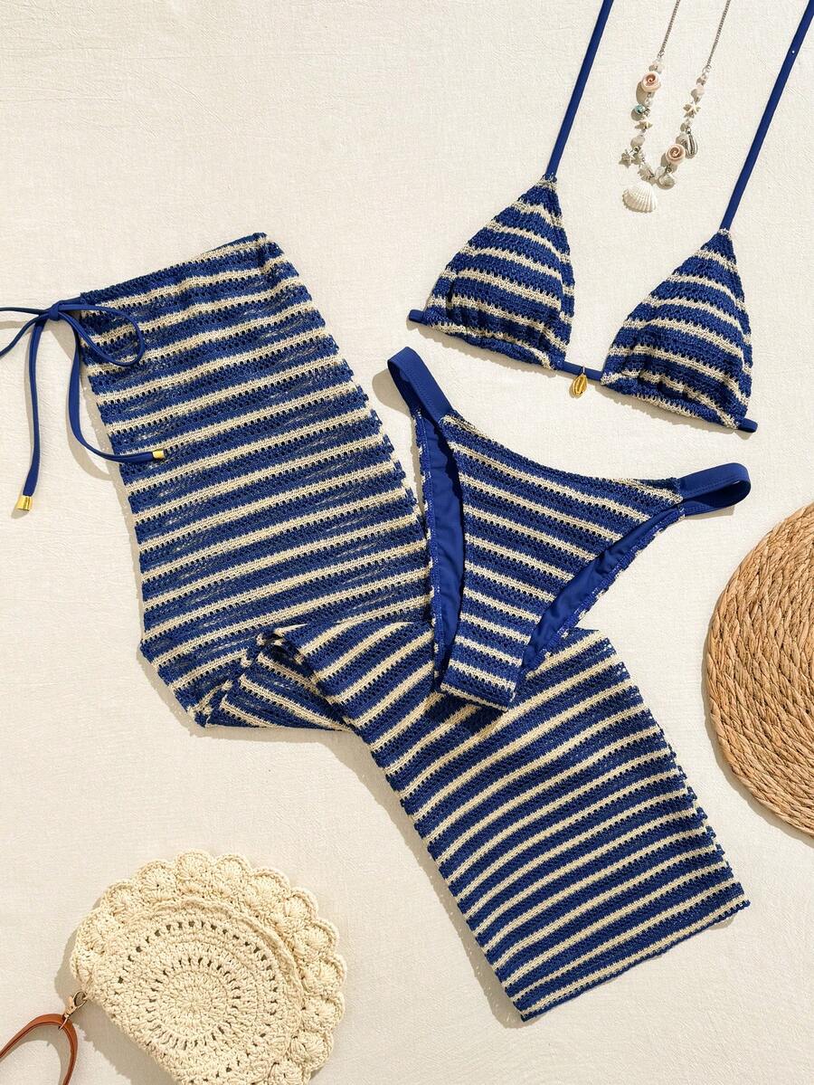 Swim Vcay 2026新款春夏三件套女士泳装套装,泳衣、泳裤、裙子,特殊面料,沙滩度假优雅休闲泳装套装 - 藍色 - 查看 1