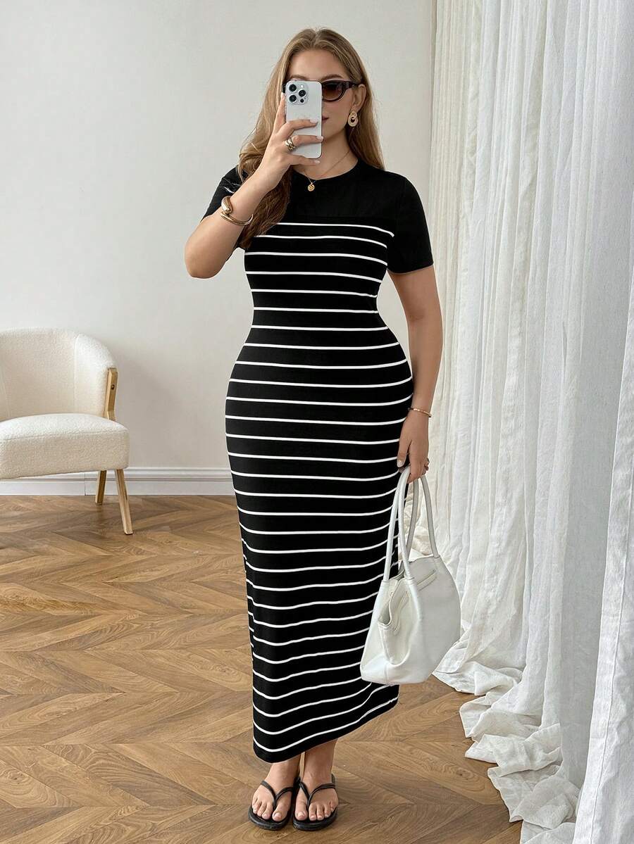 SHEIN LUNE Đầm dự tiệc và thường ngày thanh lịch, cổ tròn kẻ sọc dành cho nữ cỡ lớn - Nhiều màu - Xem 1