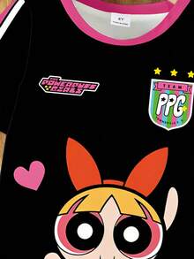THE POWERPUFF GIRLS X SHEIN GraphicGems Cartoon Print Casual Loose A-Line Dress - Black - View 3